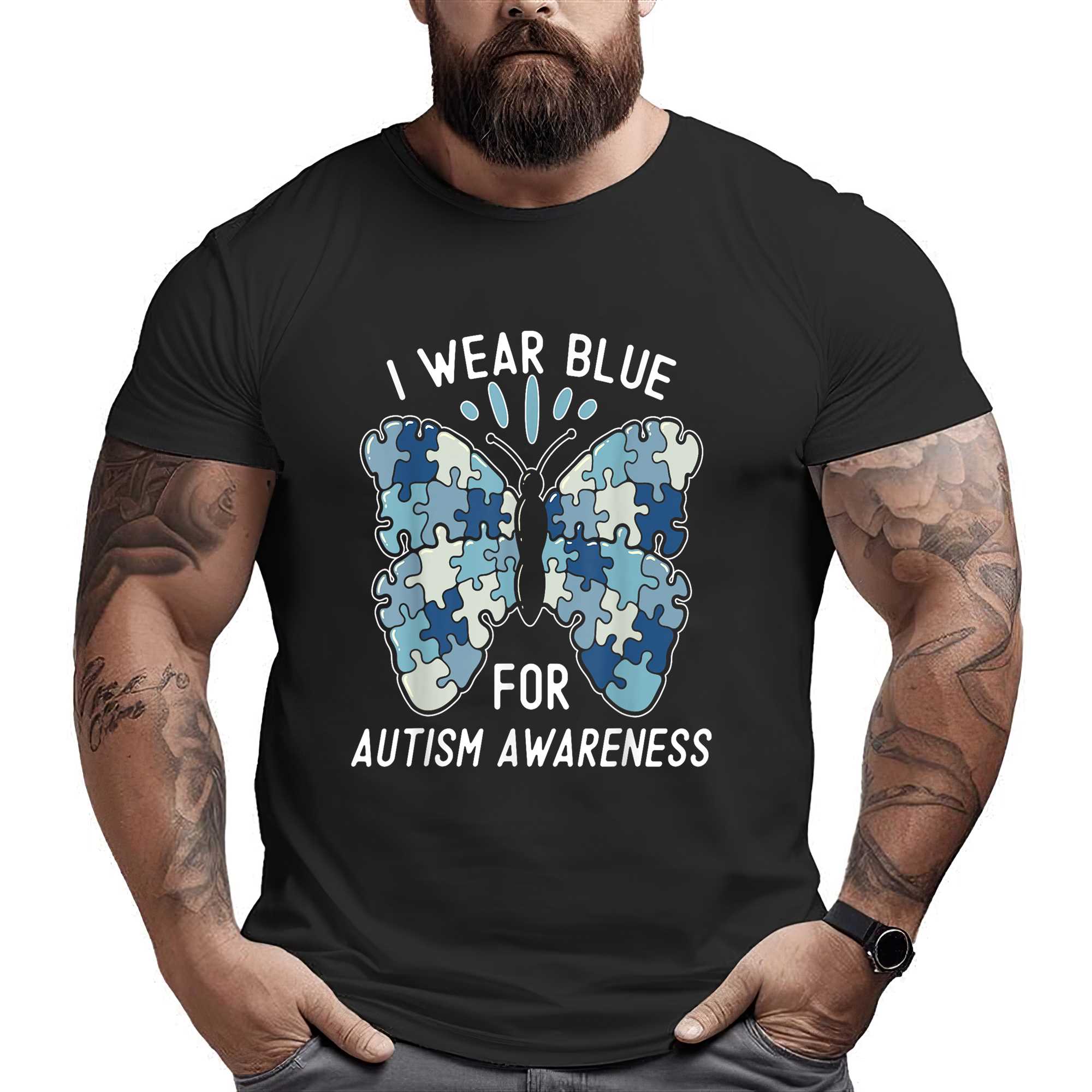 I Wear Blue For Autism Awareness Blue Puzzle Butterfly T-shirt