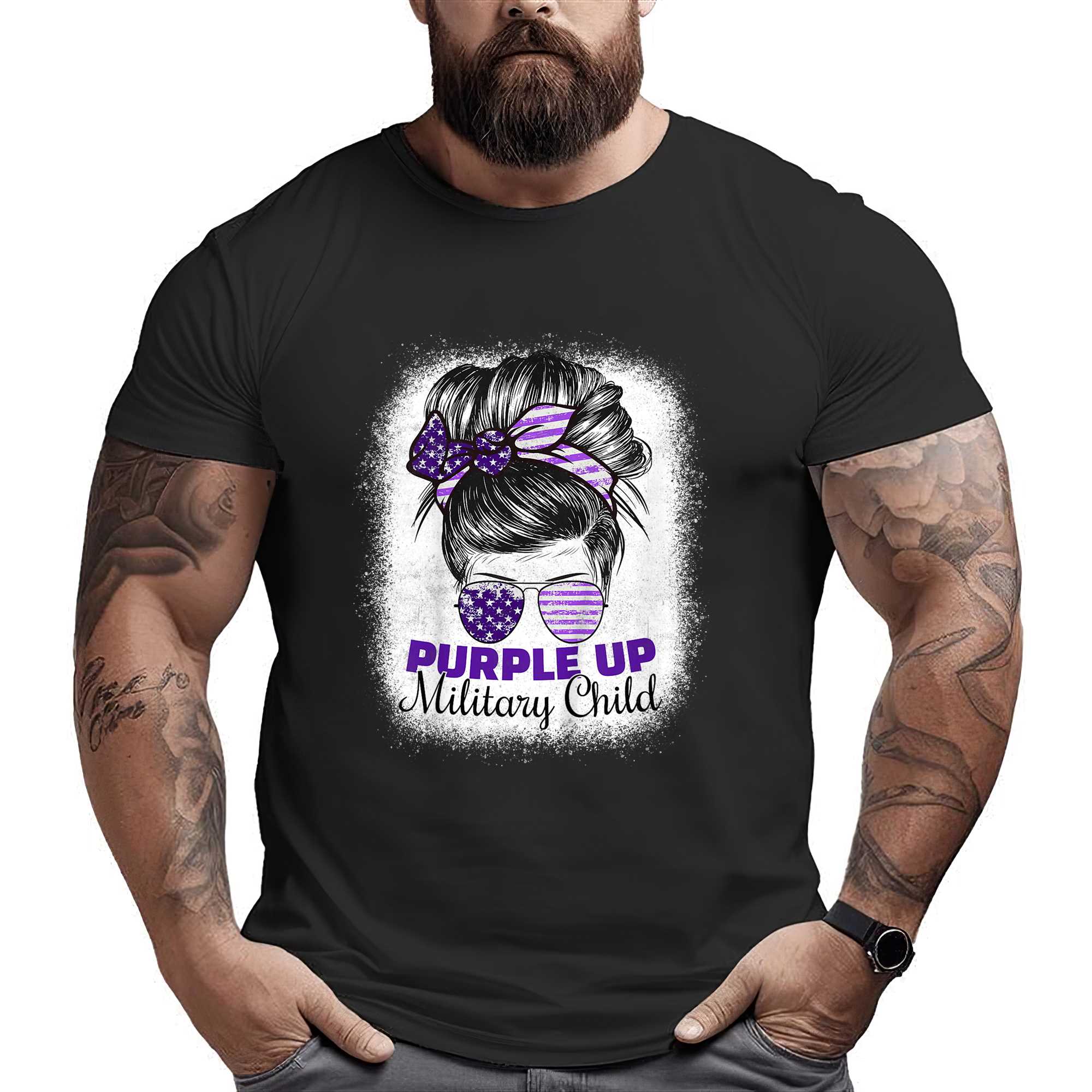 Purple Up For Military Kids Messy Bun Military Child Month T-shirt