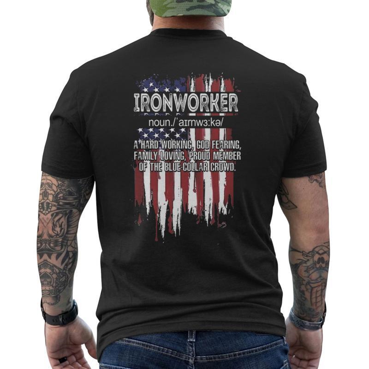 American Flag Ironworker Definition Father’s Day Men’s T-shirt Back Print