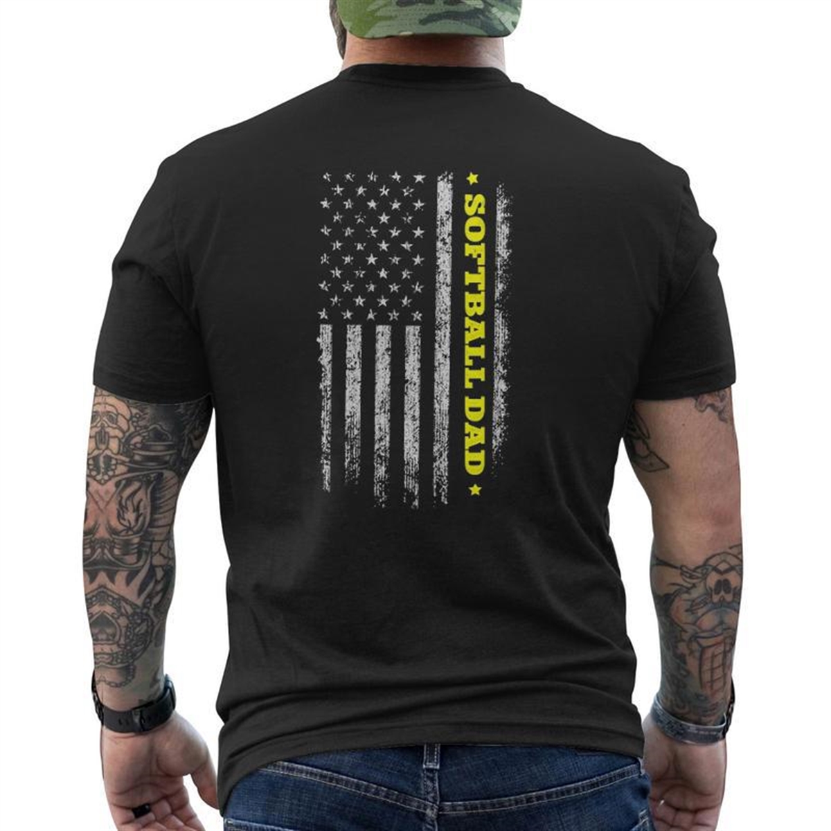 American Flag Softball Dad Father’s Day Independence Day Mens Back Print T-shirt