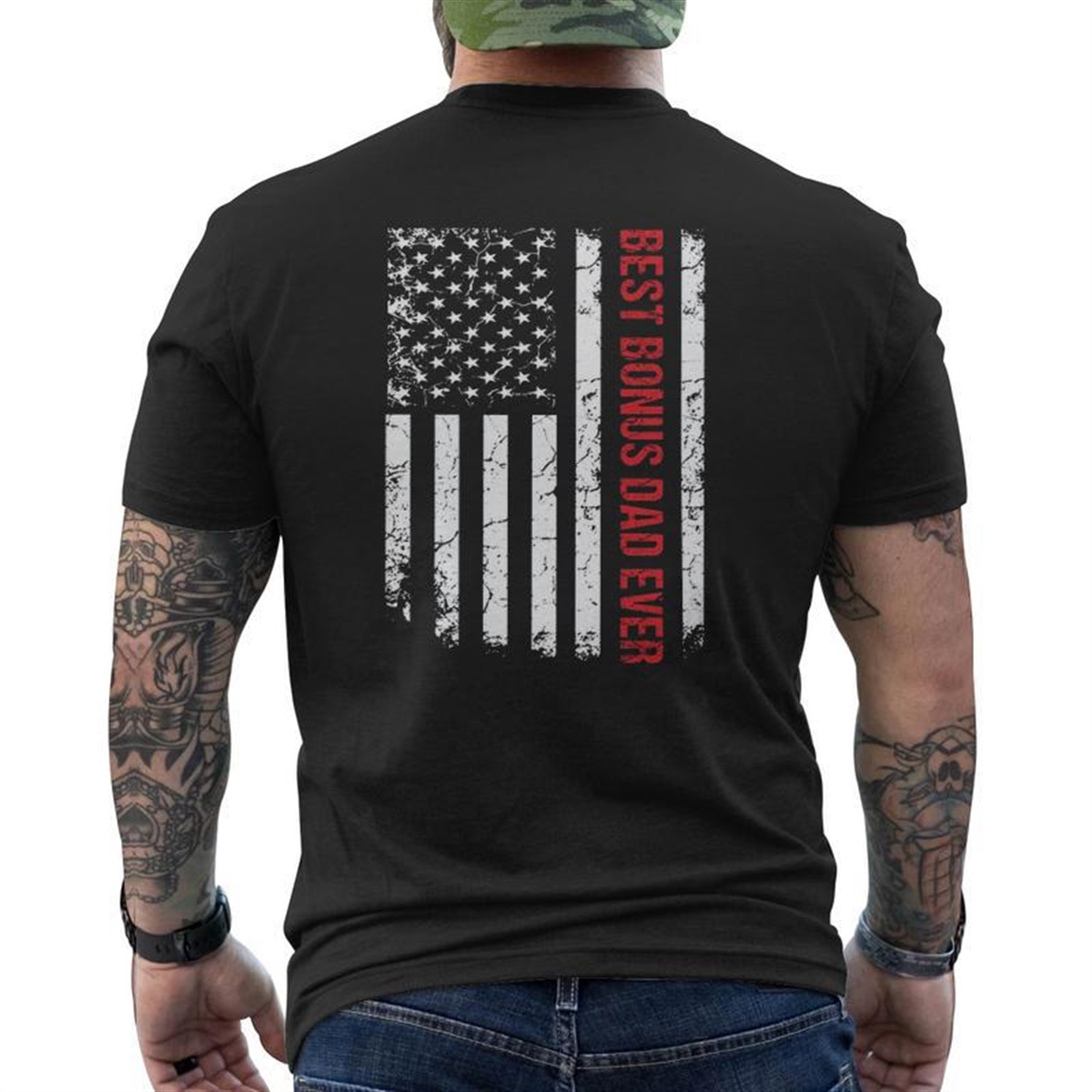 Best Bonus Dad Ever Stepdad Stepfather Father’s Day American Flag Mens Back Print T-shirt