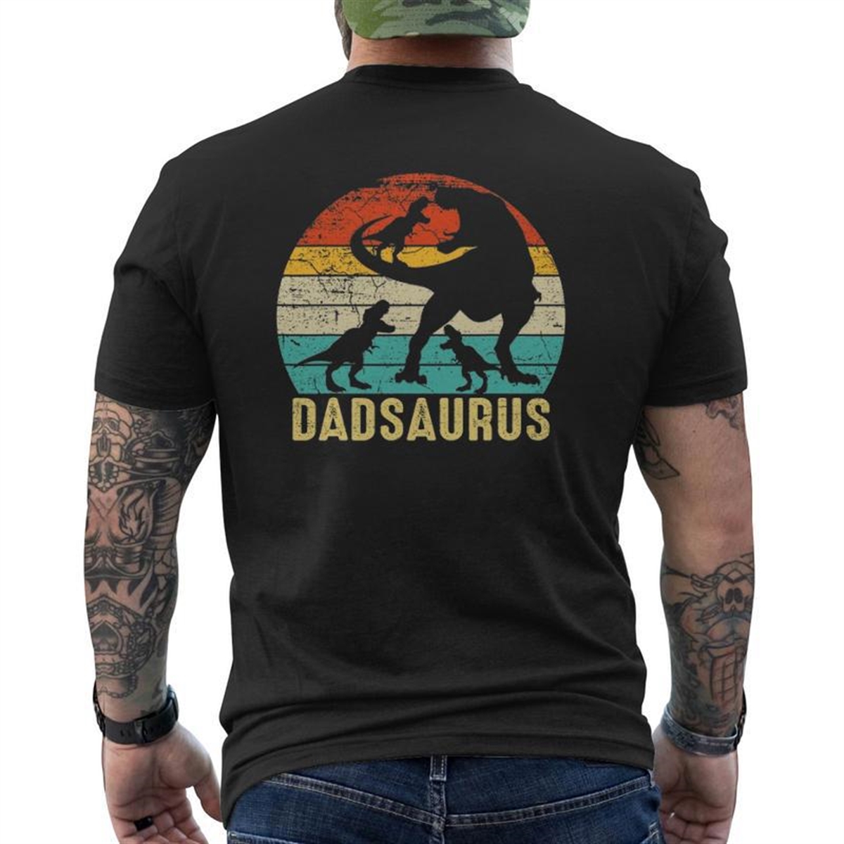 Dad Saurusrex Daddy Dinosaur 3 Three Kids Father’s Day Mens Back Print T-shirt