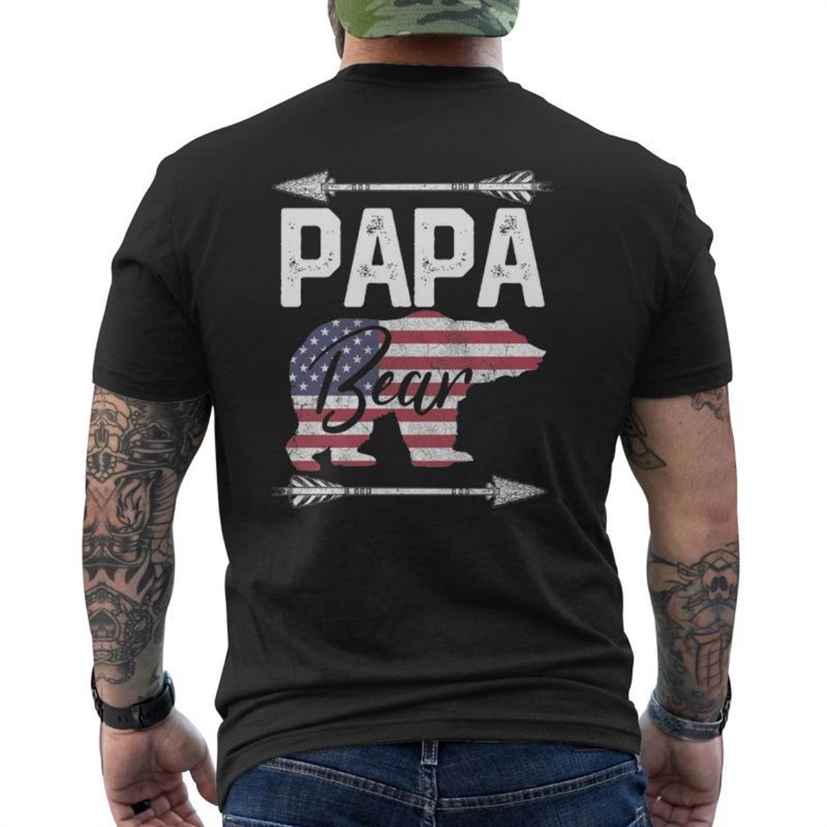 Father’s Day Papa Bear Dad Grandpa Usa Flag July 4th Mens Back Print T-shirt