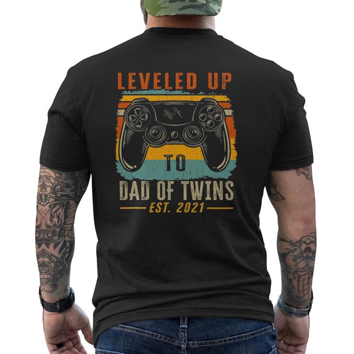 Leveled Up To Dad Of Twins Est 2021 Father’s Day Mens Back Print T-shirt