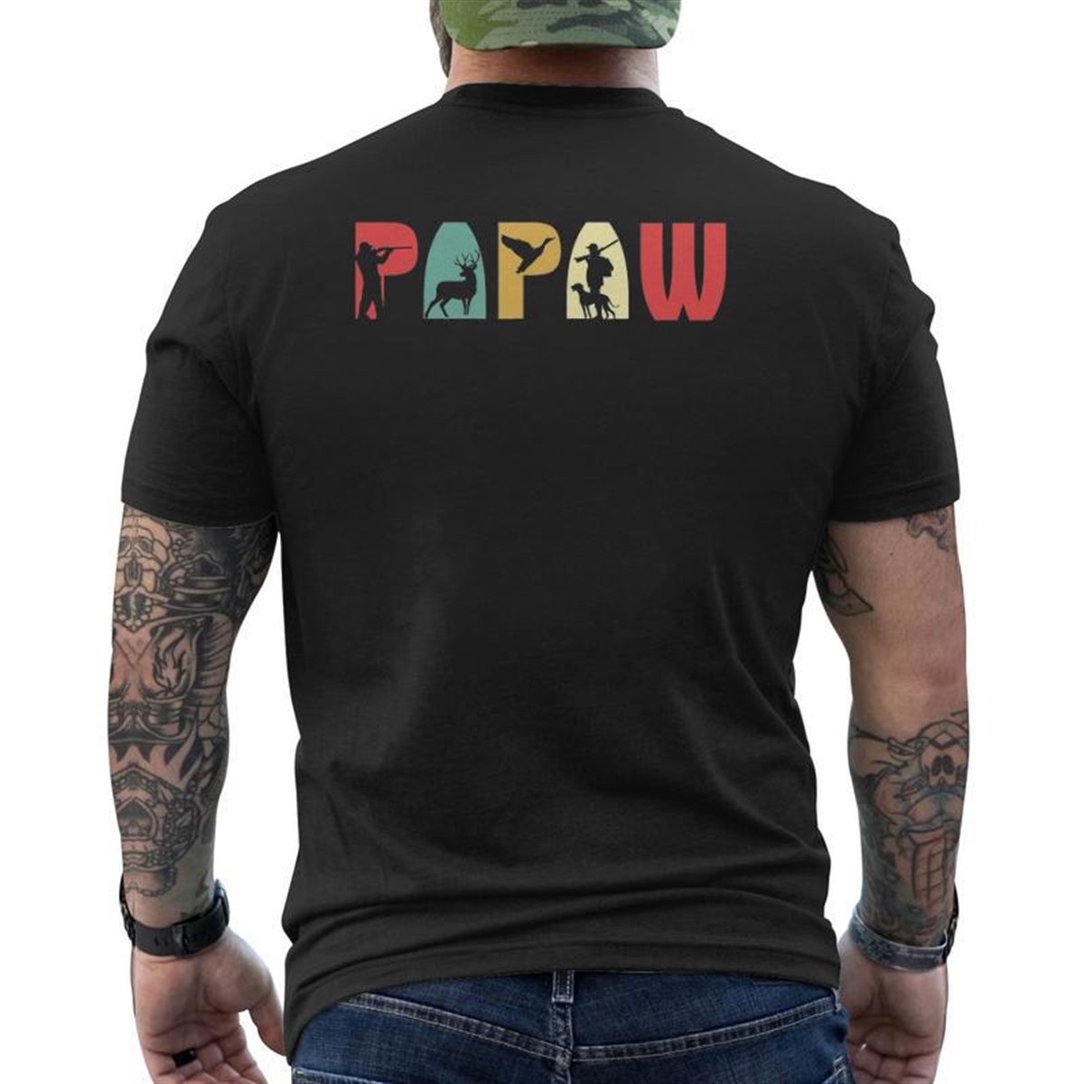 Men Vintage Hunting Papaw Father’s Day Grandpa Mens Back Print T-shirt