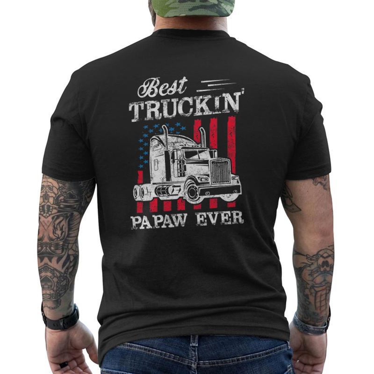 Mens Best Truckin Papaw Ever Big Rig Trucker Father’s Day Mens Back Print T-shirt