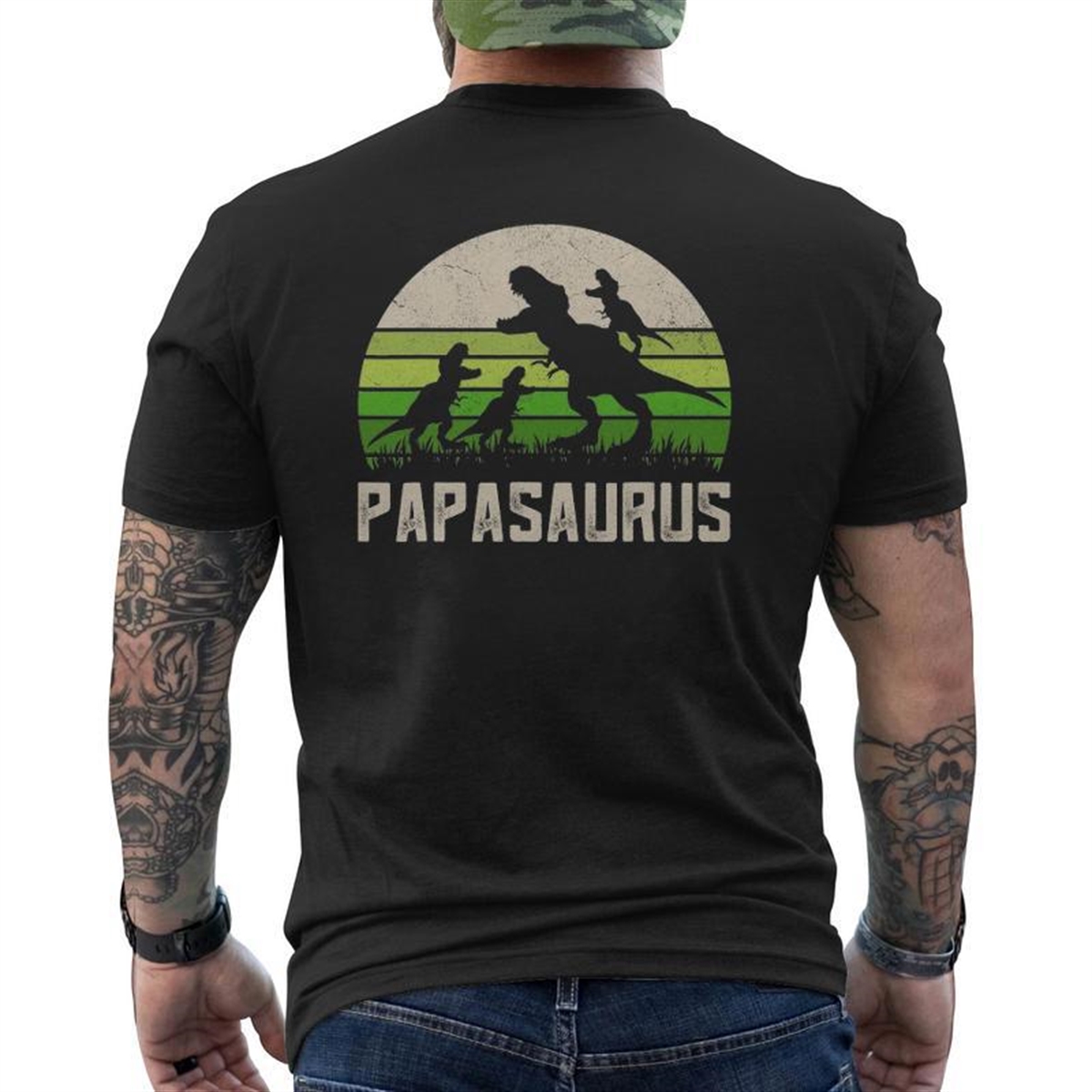 Mens Grandpa Of 3 Kids Papasaurus Dinosaur Fathers Day Mens Back Print T-shirt