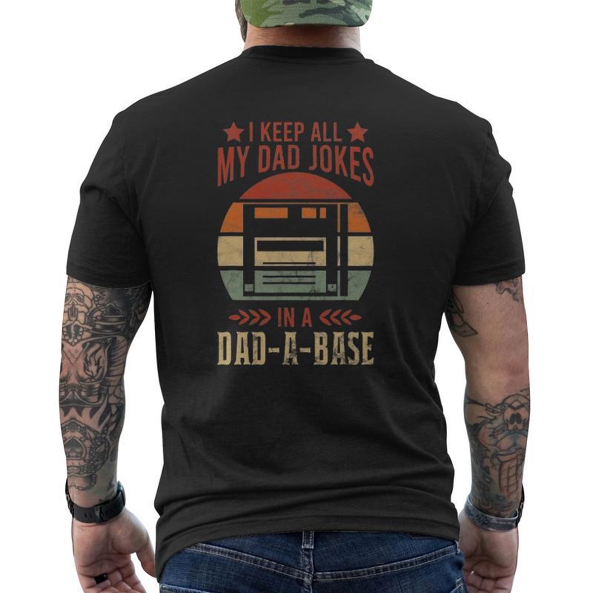 Mens I Keep All My Dad Jokes In A Dad-a-base Vintage Dad Father Mens Back Print T-shirt