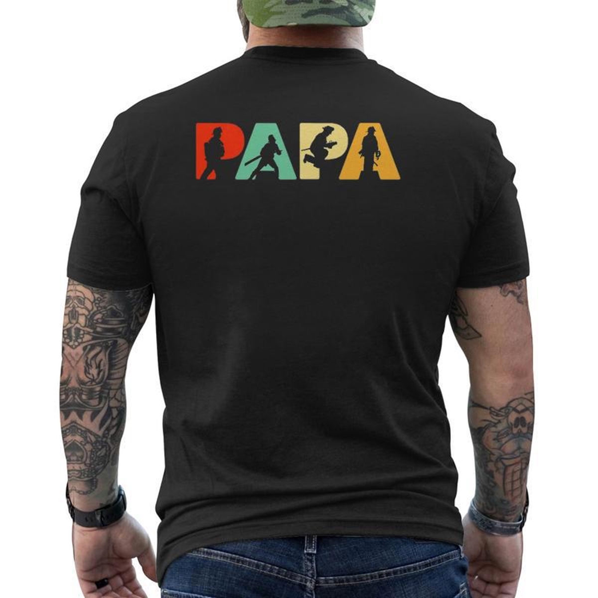 Mens Papa Firefighter Father’s Day For Dad Mens Back Print T-shirt