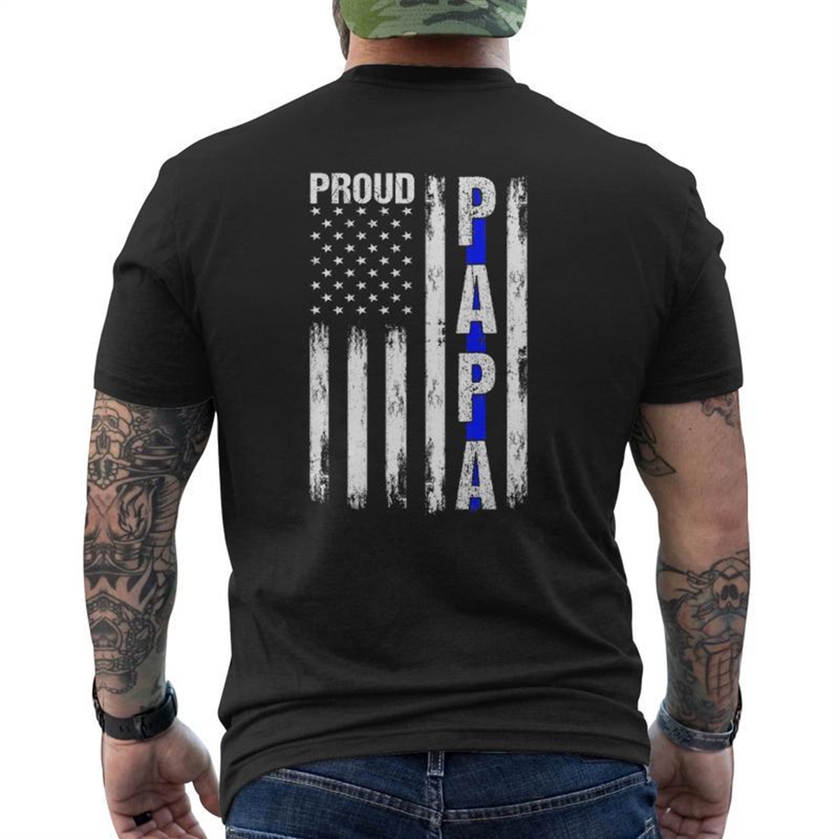 Mens Proud Papa American Flag Thin Blue Line Police Grandpa Mens Back Print T-shirt
