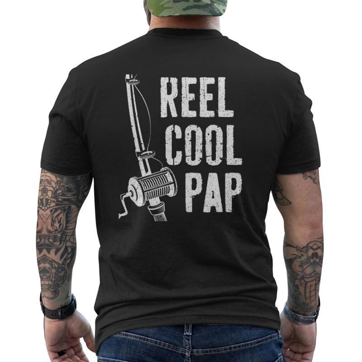 Mens Reel Cool Pap Fishing Daddy Father’s Day Gif Mens Back Print T-shirt