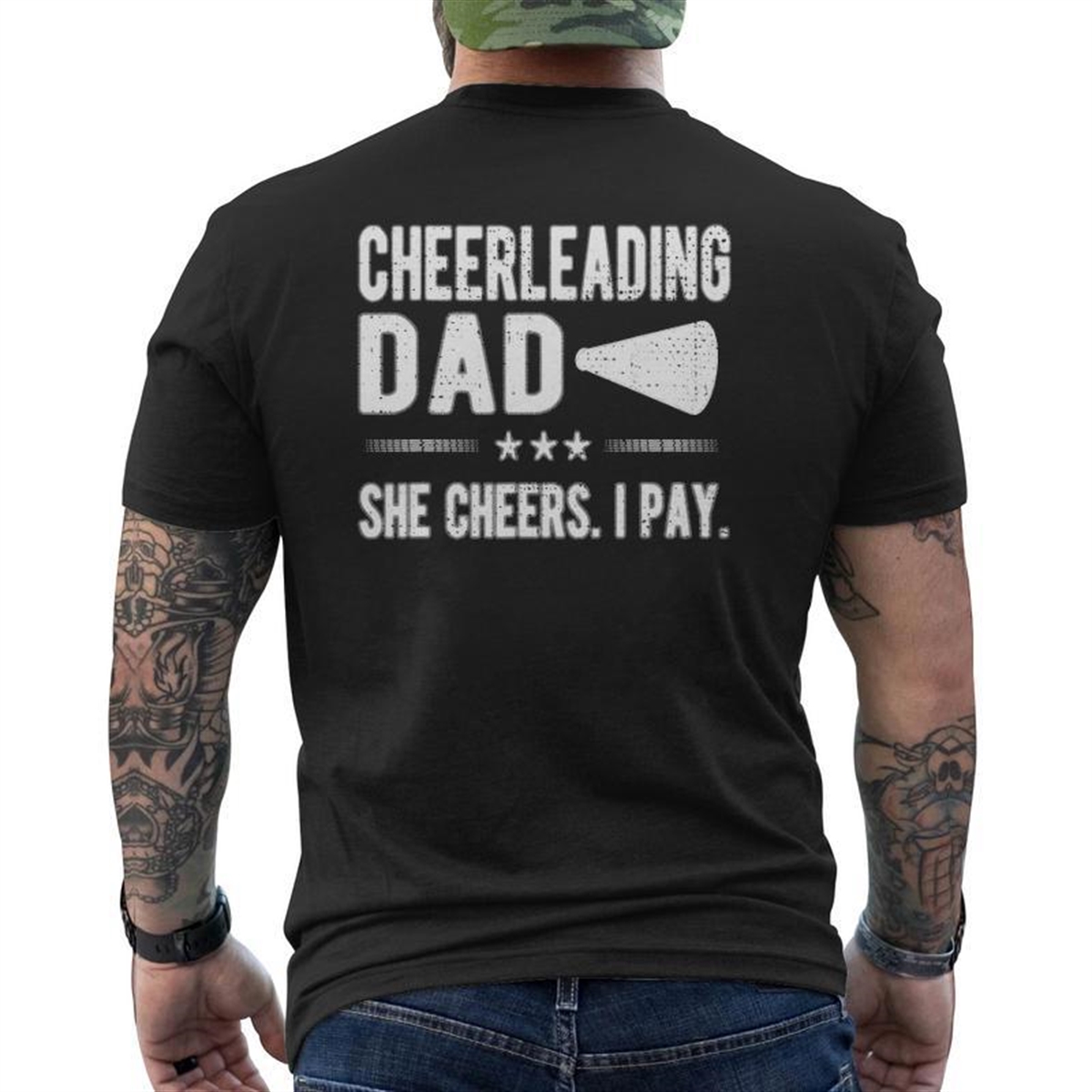 Mens She Cheers I Pay Cheer Dad Cheerleading Father Cheerleader Mens Back Print T-shirt