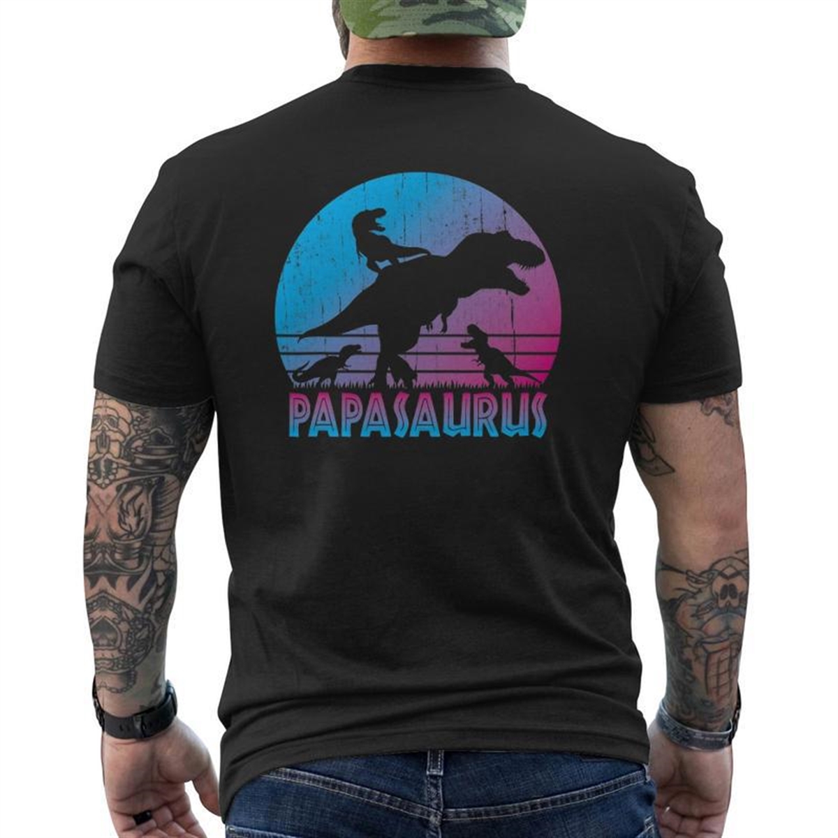 Papasaurus 3 Kids Vintage Retro Sunset For Dad Mens Back Print T-shirt