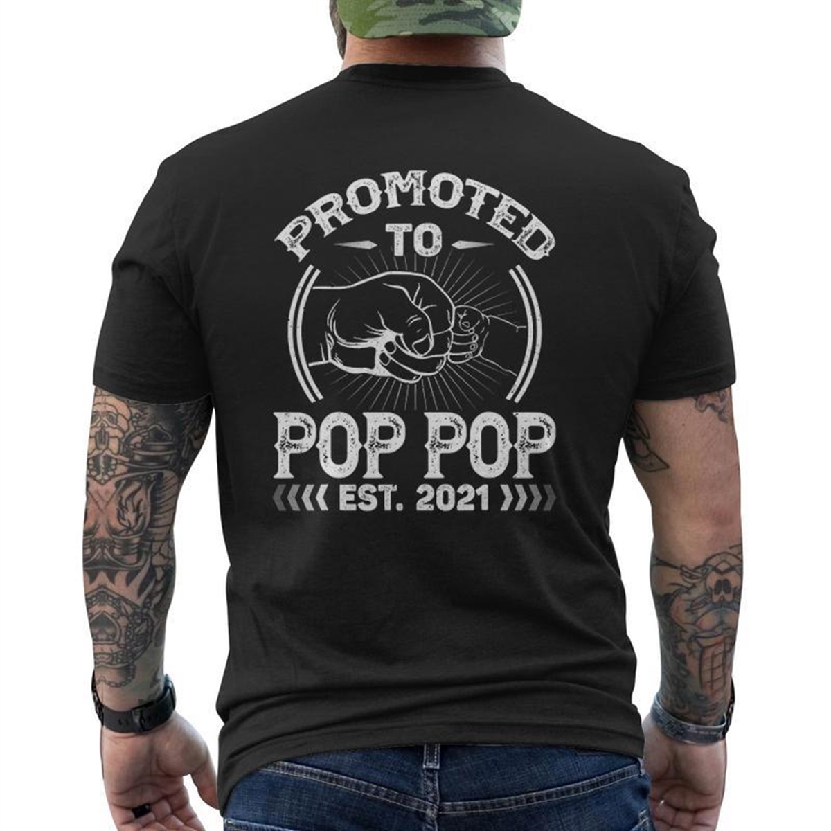 Promoted To Pop Pop Est 2021 Tee New Papa Dad Father’s Day Mens Back Print T-shirt