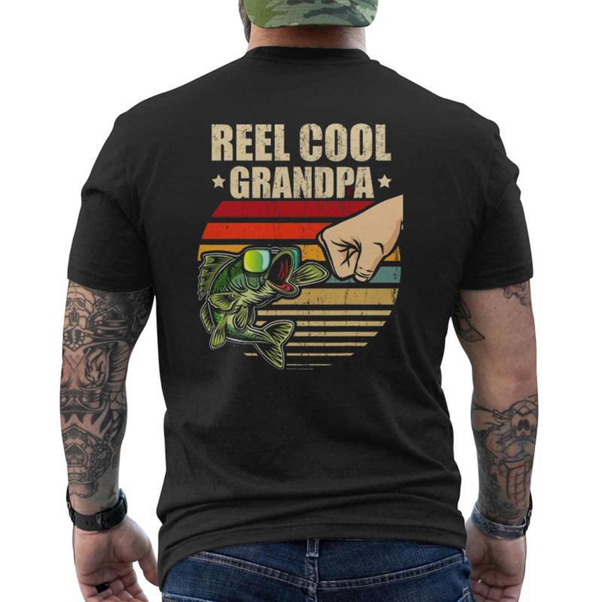 Reel Cool Grandpa Retro Fishing Father’s Day Fist Bump Mens Back Print T-shirt