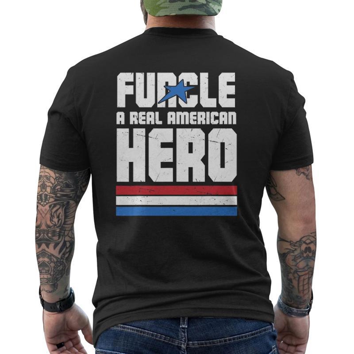 Veteran 365 Funcle Real American Hero Tee Father’s Day Uncle Mens Back Print T-shirt