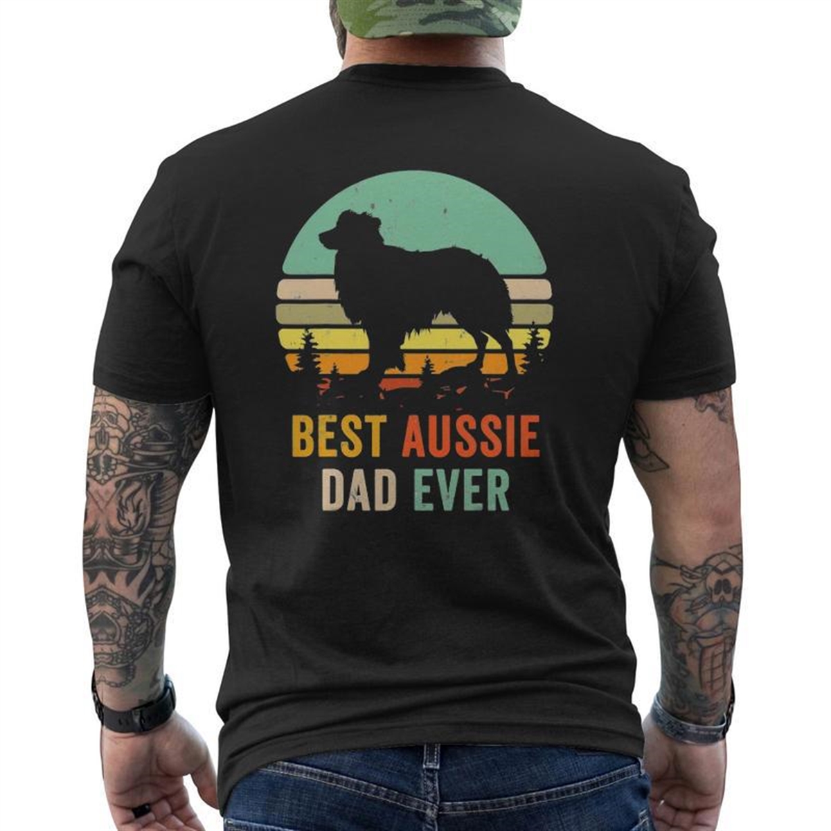 Vintage Aussie Shepherd Papa Best Dad Ever Aussie Mens Back Print T-shirt