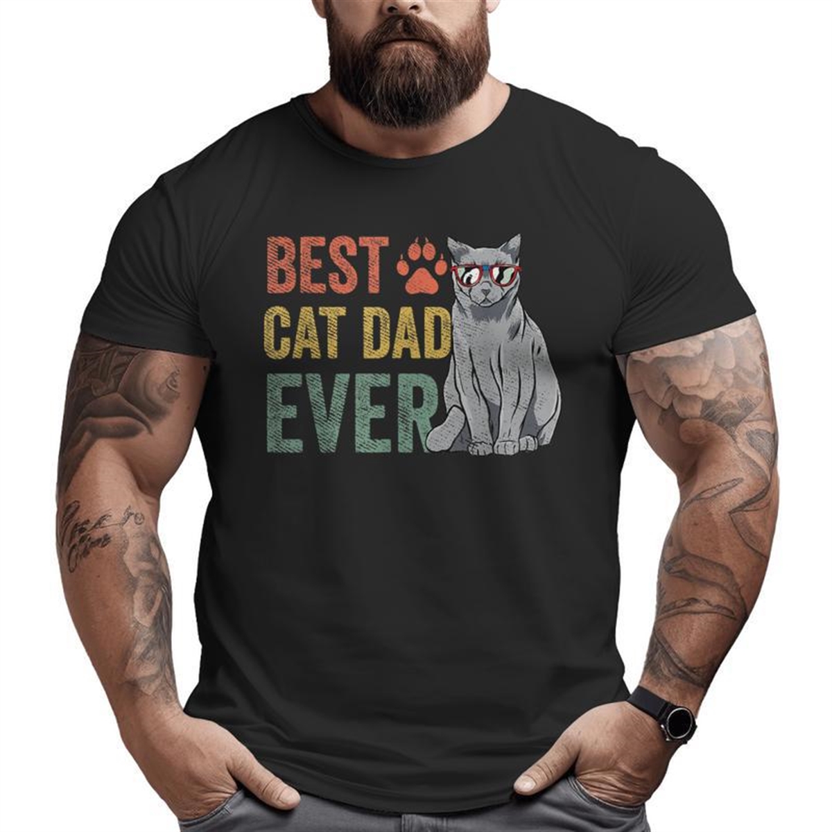 Vintage Best Cat Dad Ever Father’s Day Fur Daddy Big And Tall Men T-shirt