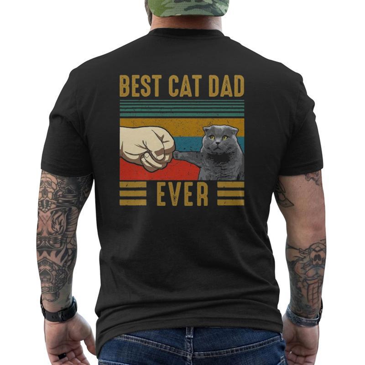 Vintage Best Cat Dad Ever Father’s Day Scottish Fold Cat Mens Back Print T-shirt