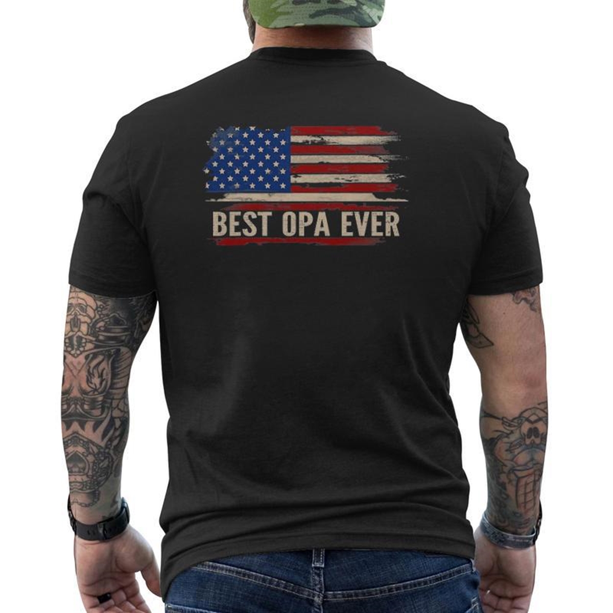 Vintage Best Opa Ever American Flag Father’s Day Mens Back Print T-shirt