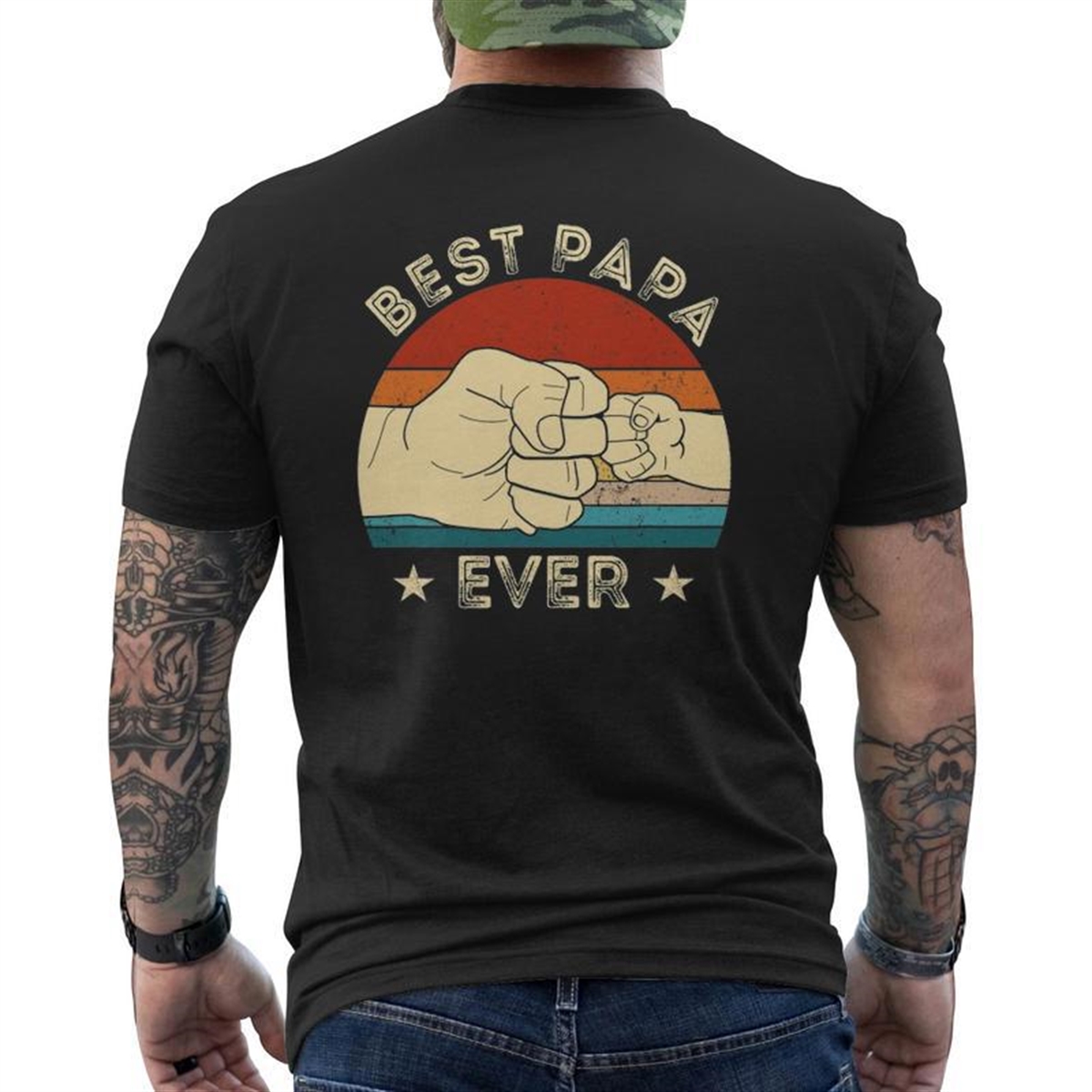 Vintage Best Papa Ever Fist Bump Grandpa Father’s Day Mens Back Print T-shirt