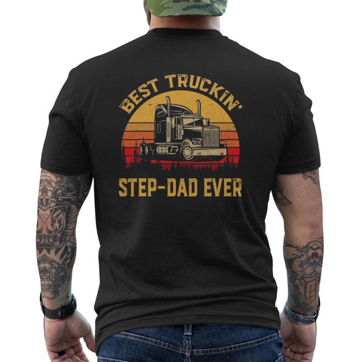 Vintage Best Truckin’ Step-dad Ever Retro Father’s Day Mens Back Print T-shirt