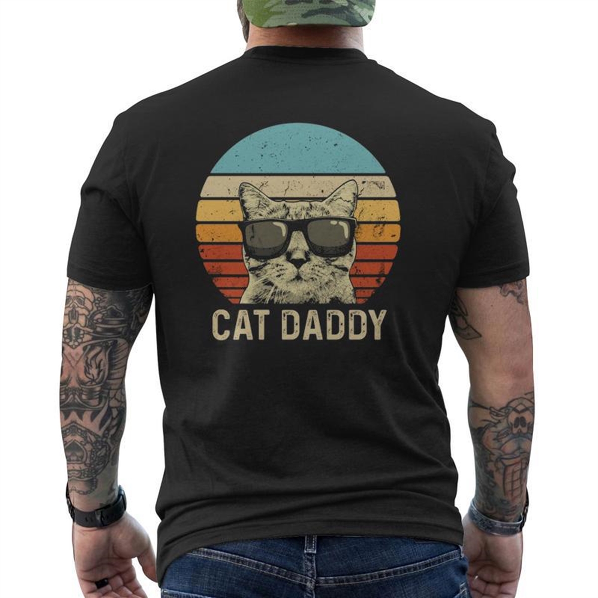 Vintage Cat Daddy Cat Lover Cat Dad Fathers Mens Back Print T-shirt