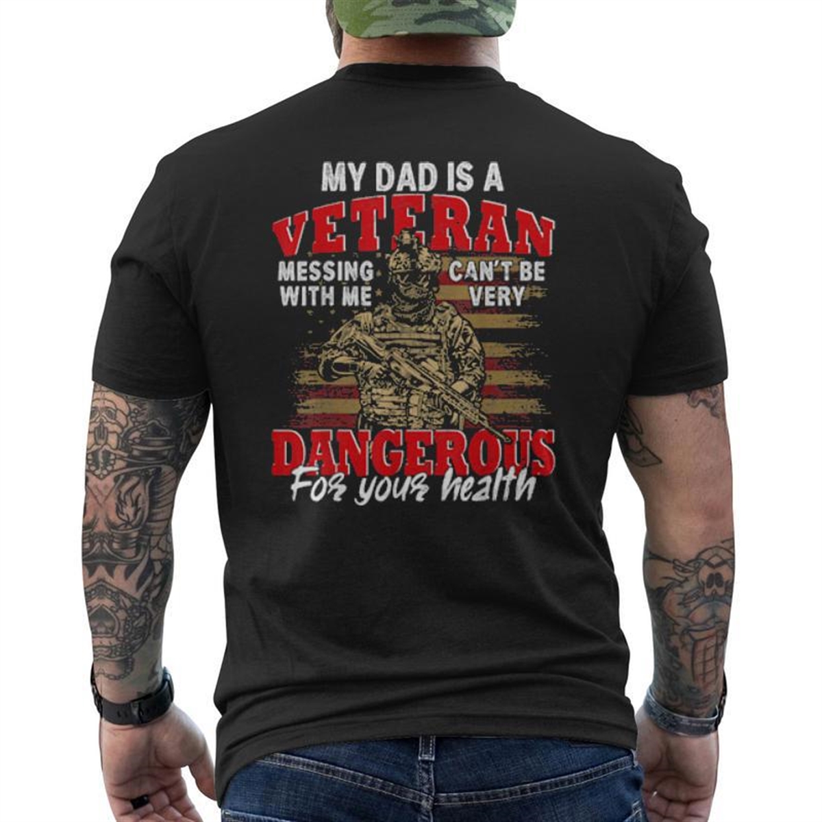 Vintage Dad Is A Veteran Father’s Day Us Flag Family Mens Back Print T-shirt