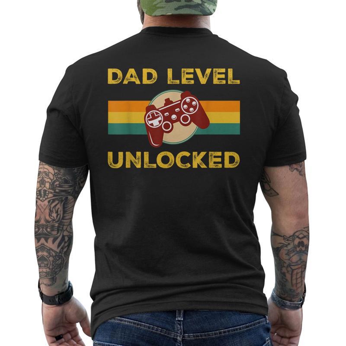 Vintage Dad Level Unlocked For Gamer Daddy Fathers Day Mens Back Print T-shirt