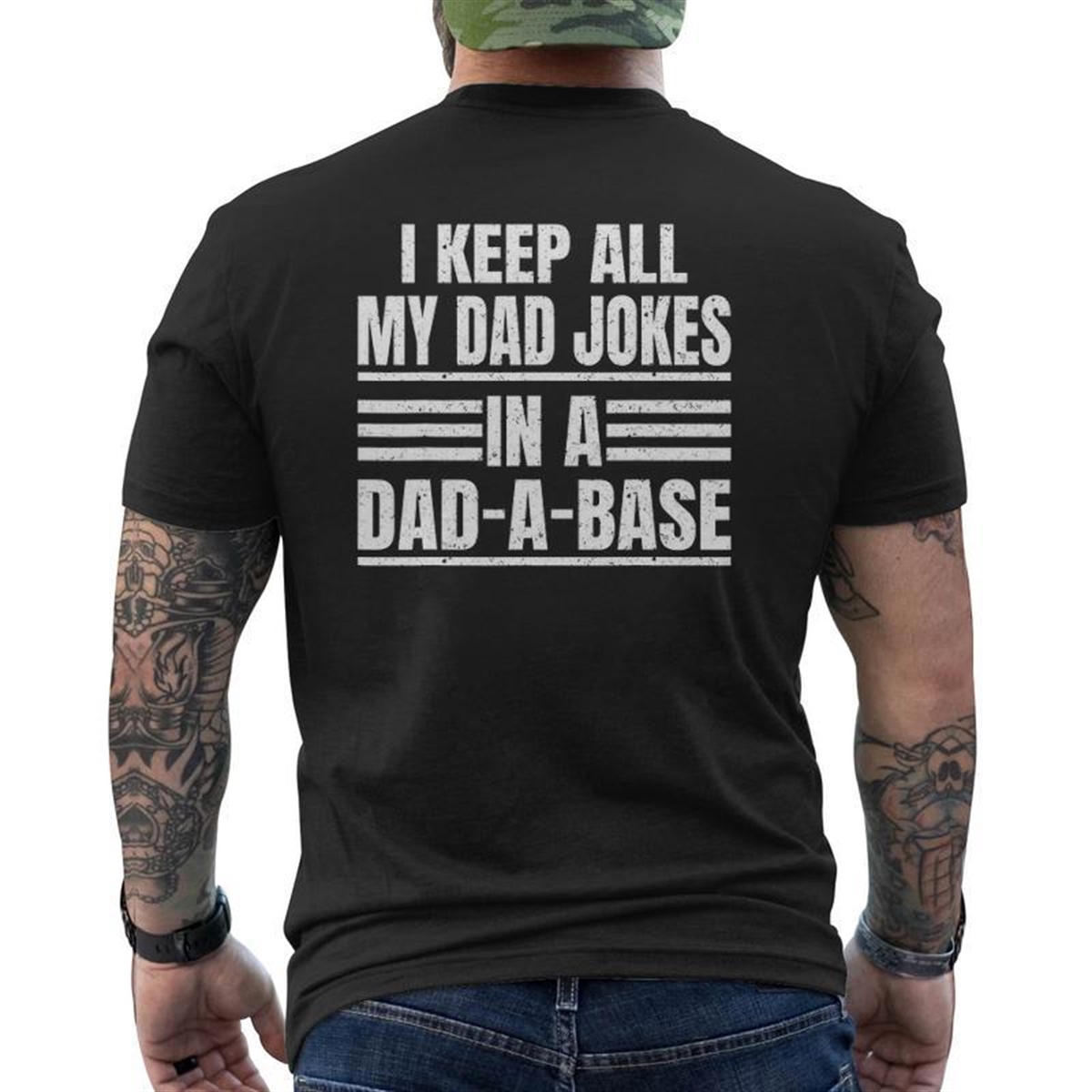 Vintage I Keep All My Dad Jokes In A Dad-a-base Father’s Day Mens Back Print T-shirt