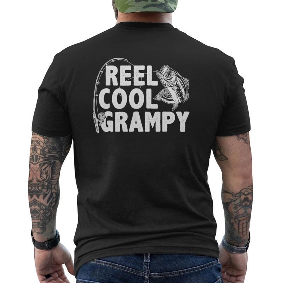 Vintage Reel Cool Grampy Loves Fishing Father’s Day Mens Back Print T-shirt