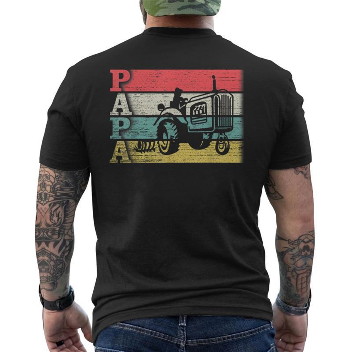 Vintage Retro Farm Farmer Tractor Papa Silhouette Distressed Mens Back Print T-shirt