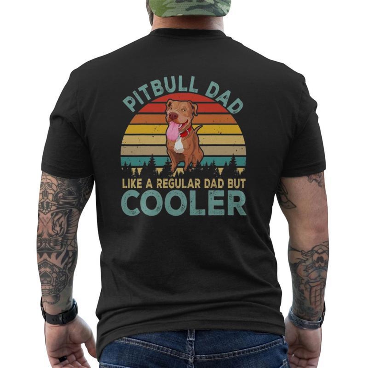 Vintage Retro Happy Father’s Day Matching Pitbull Lover Mens Back Print T-shirt