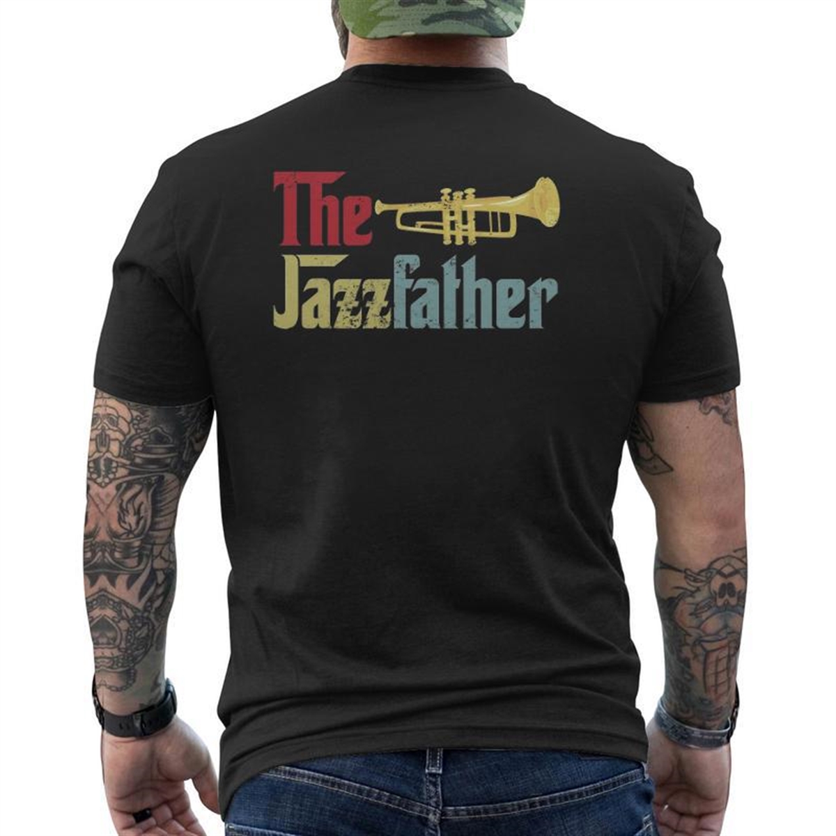 Vintage The Jazzfather Happy Father’s Day Trumpet Player Mens Back Print T-shirt