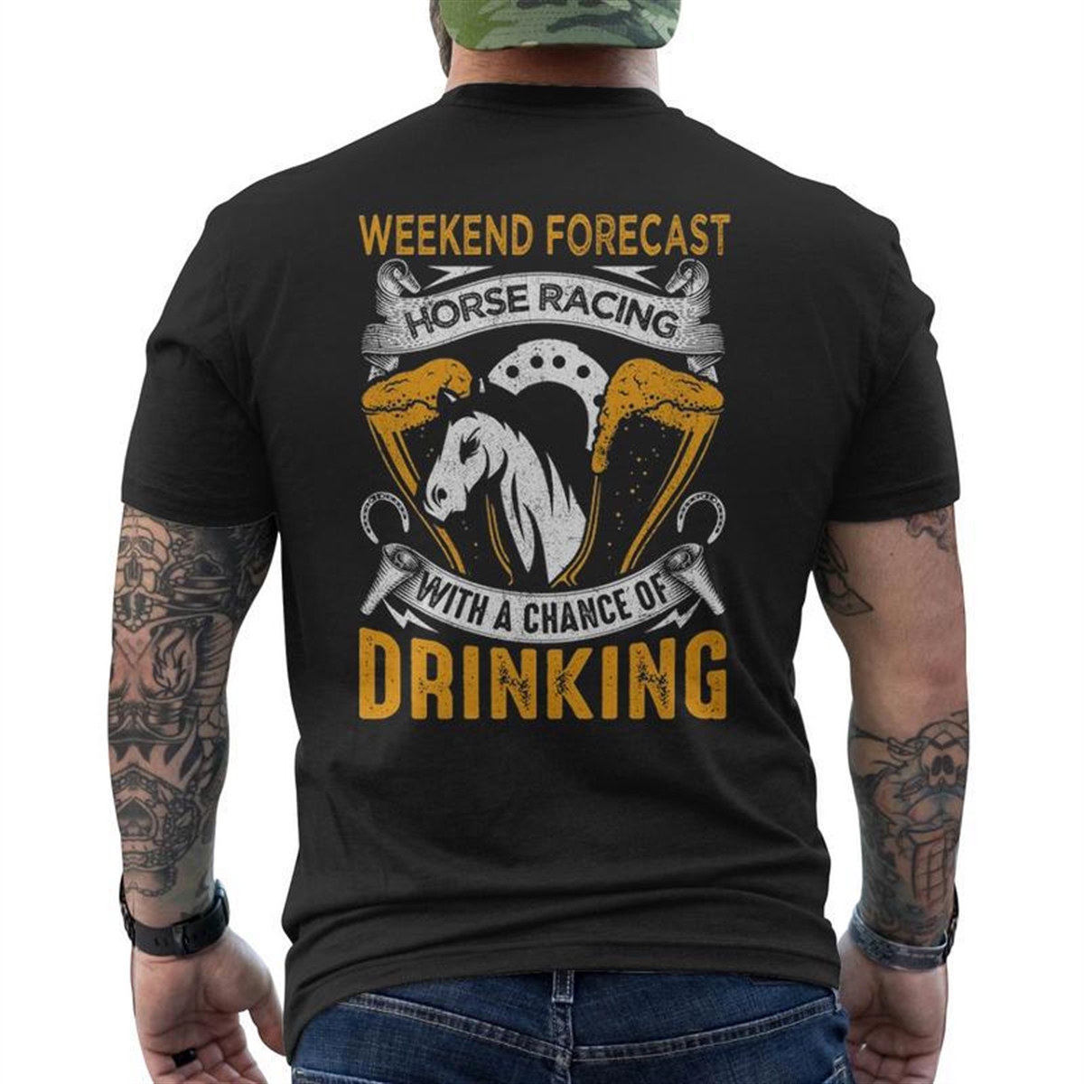 Weekend Forecast Horse Racing Track Derby Fathers Day Men’s T-shirt Back Print