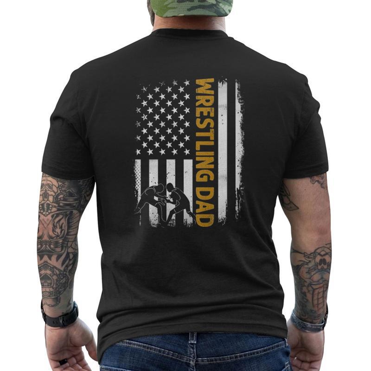 Wrestling Dadamerican Flag Fathers Day Mens Back Print T-shirt