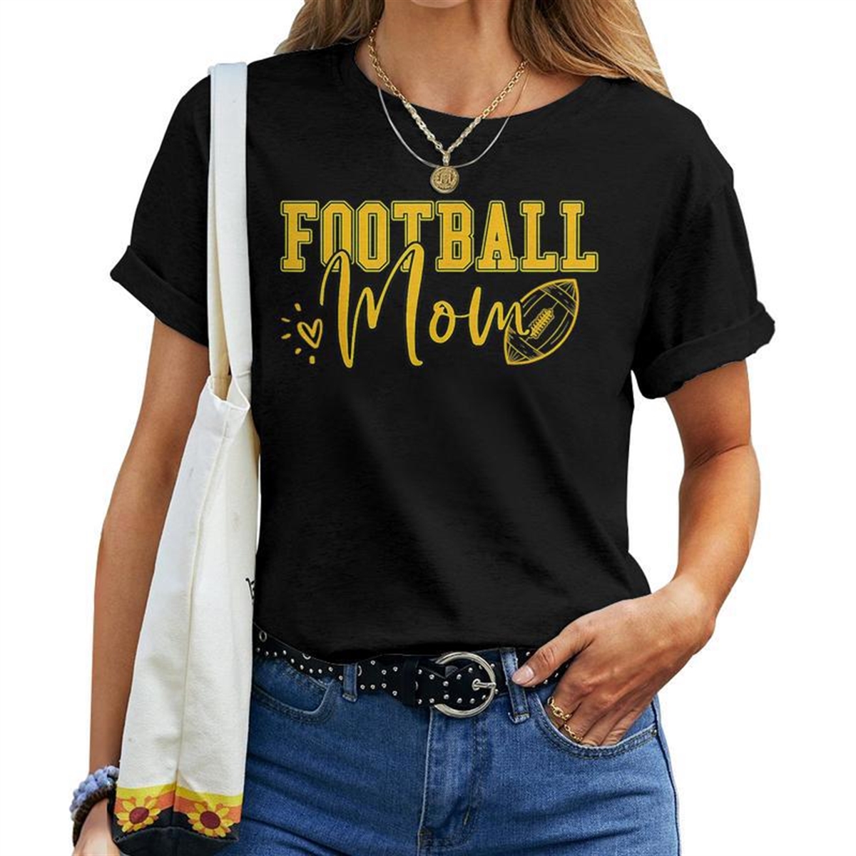 Black Gold Football Mom Football Mother Football Women T-shirt