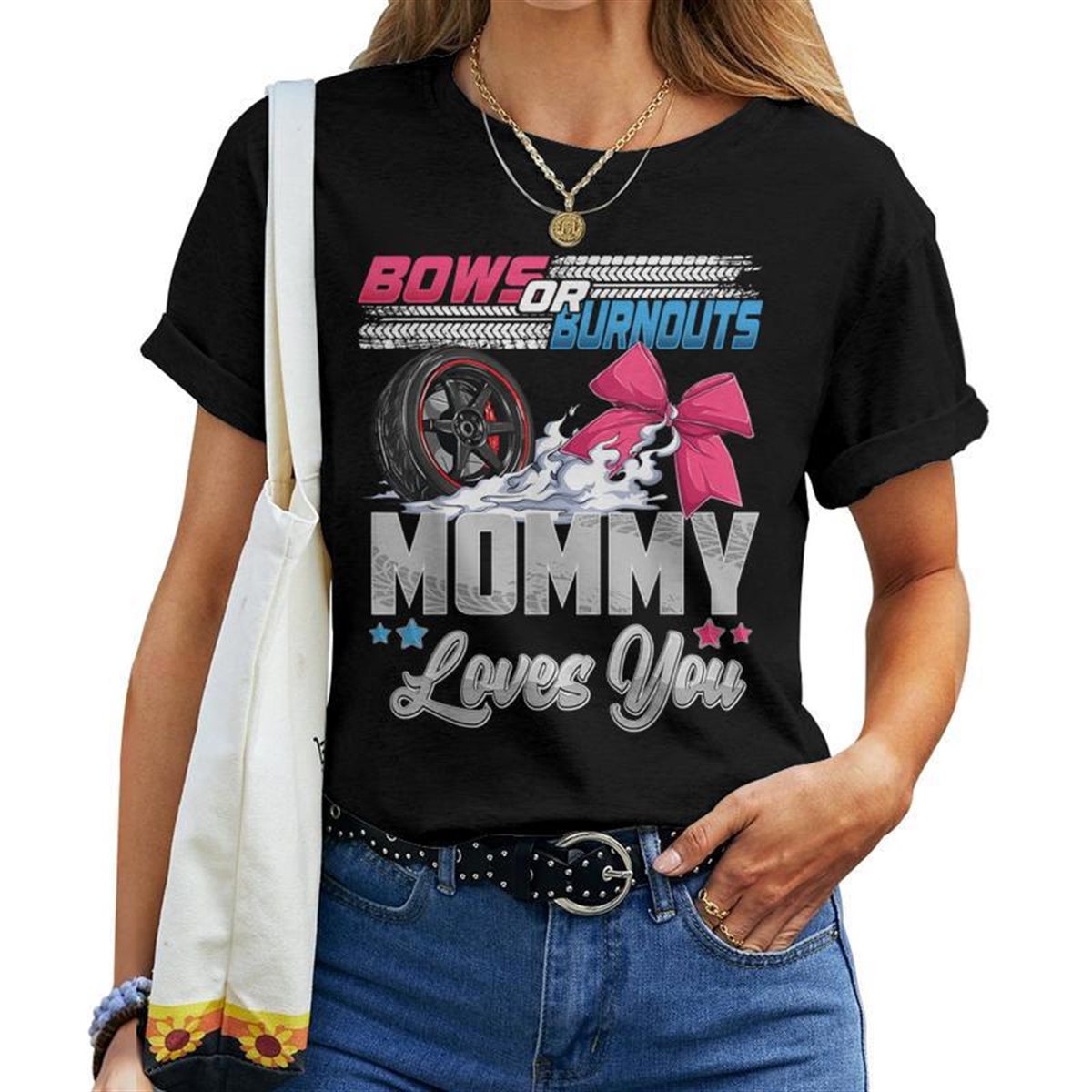 Burnouts Or Bows Gender Reveal Party Announcement Mommy Women T-shirt