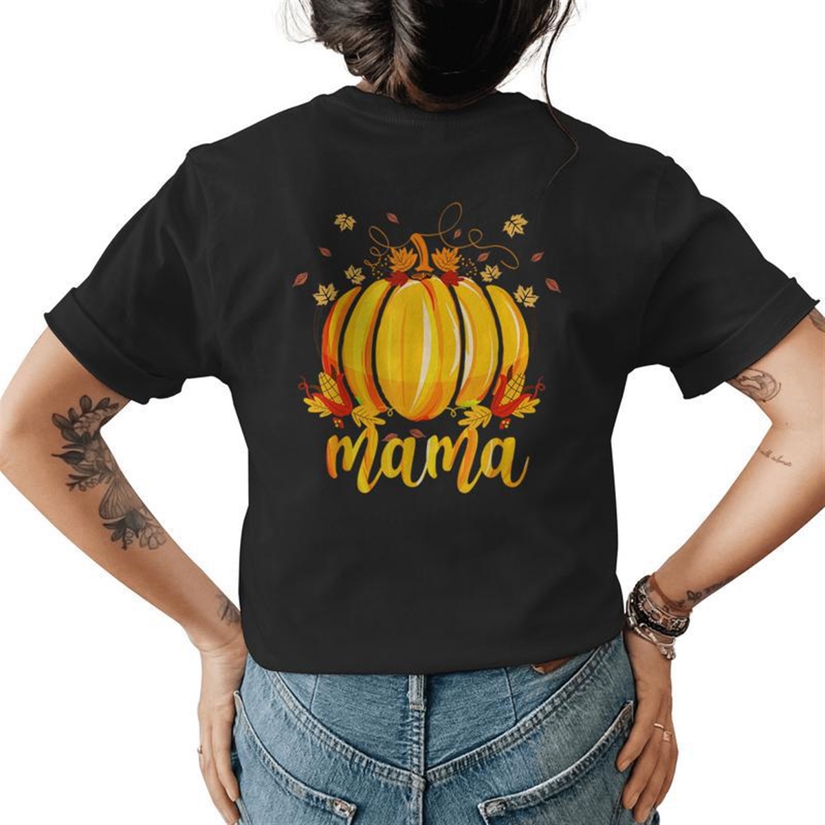 Mama Pumpkin Halloween Thanksgiving Mommy Tree Fall Leaves Mommy Womens T-shirt Back Print