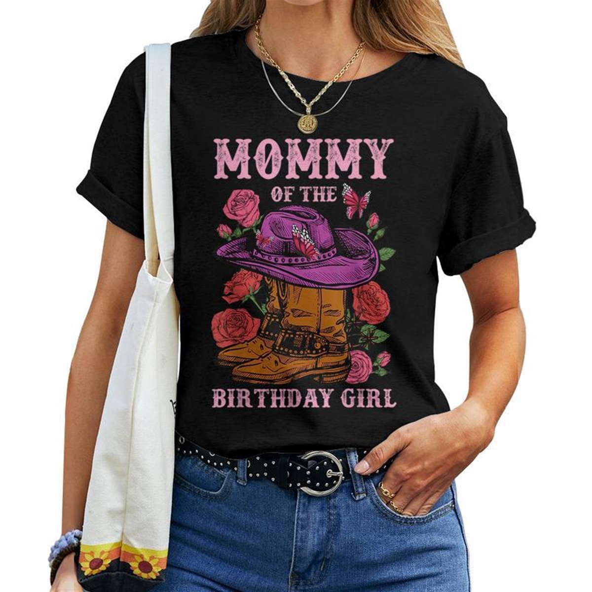 Mommy Of The Birthday Girl Pink Boots Cowgirl Matching Mommy Women T-shirt