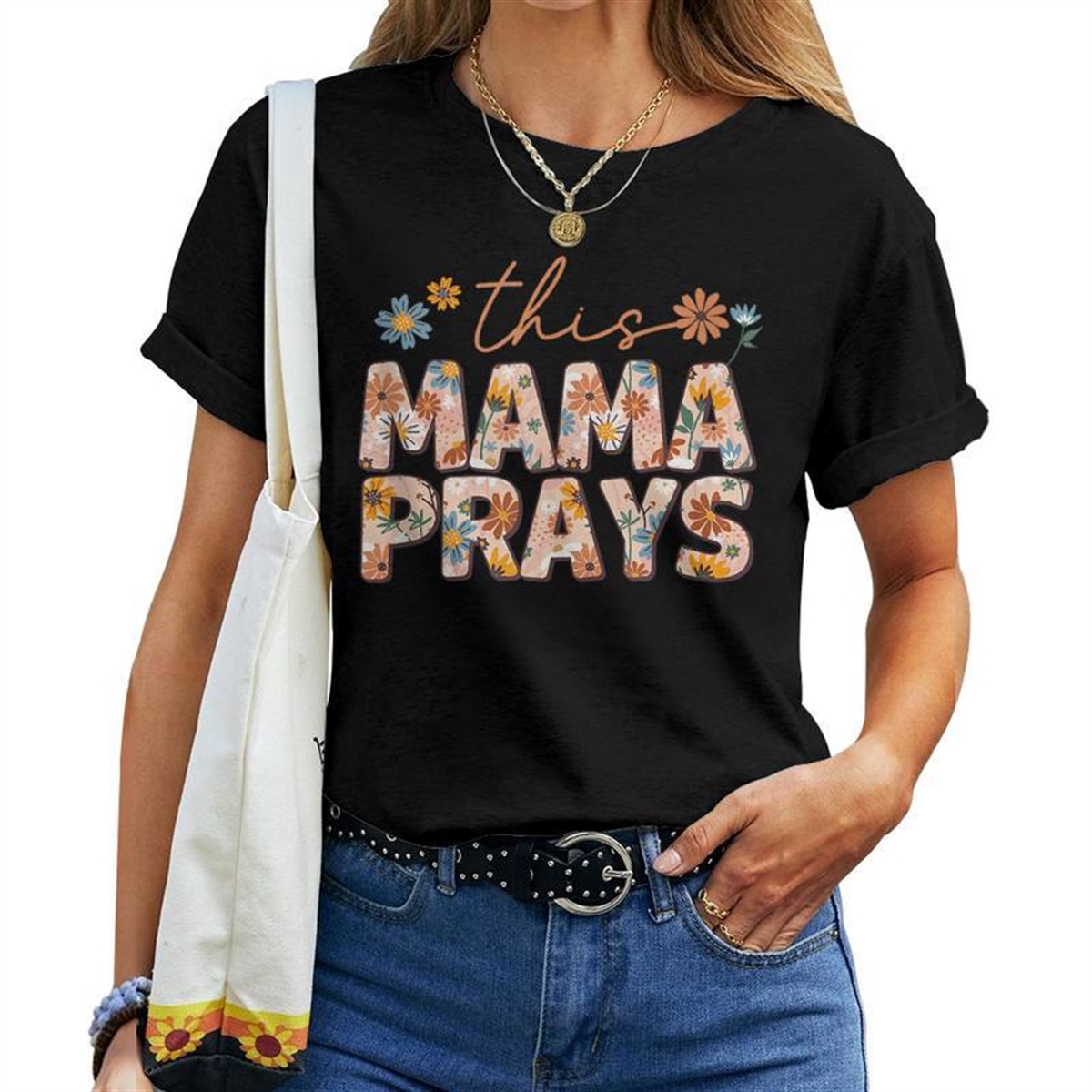 This Mama Prays Floral Christian Mommy Faith Women T-shirt
