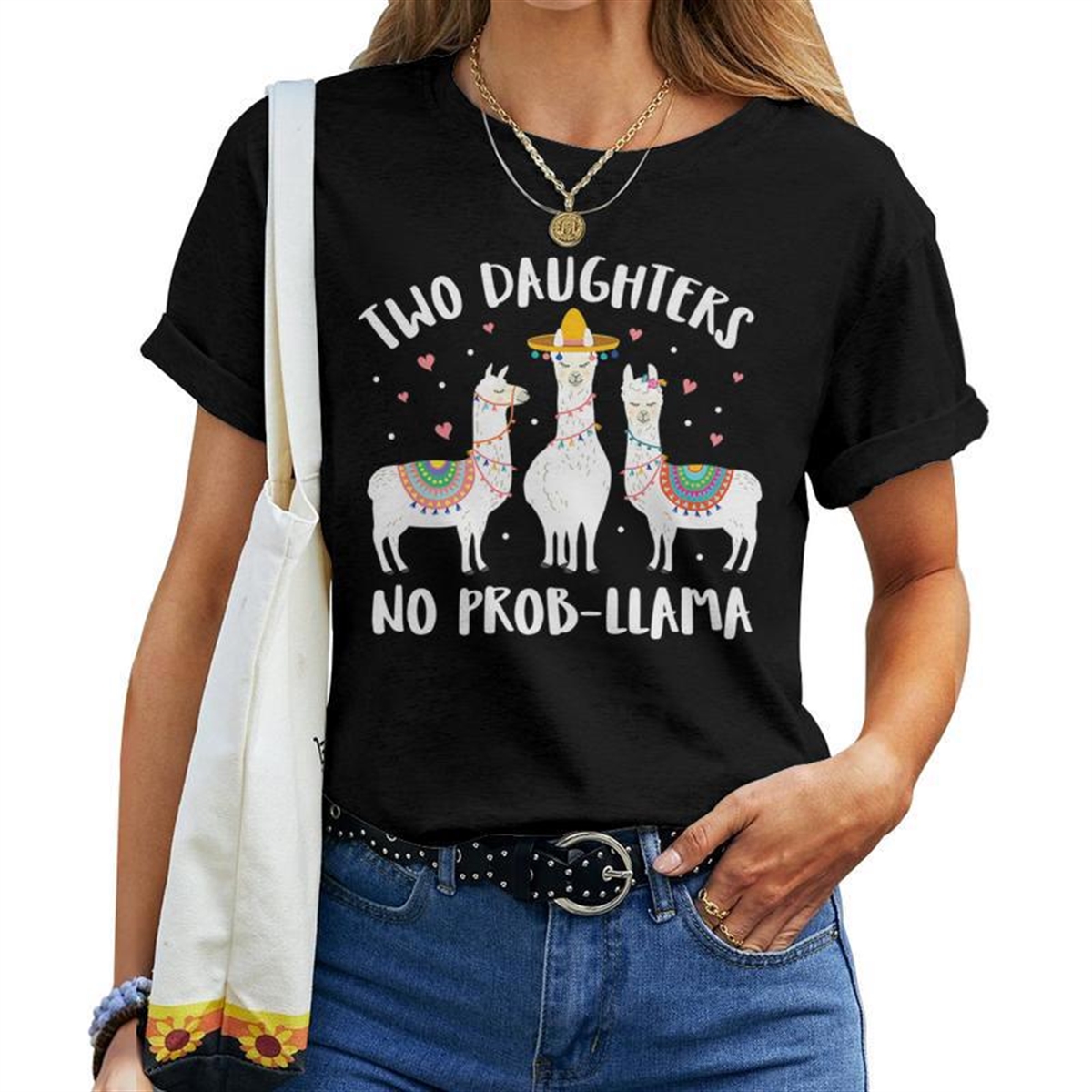 Two Daughters No Probllama Mom Dad For Mom Women T-shirt
