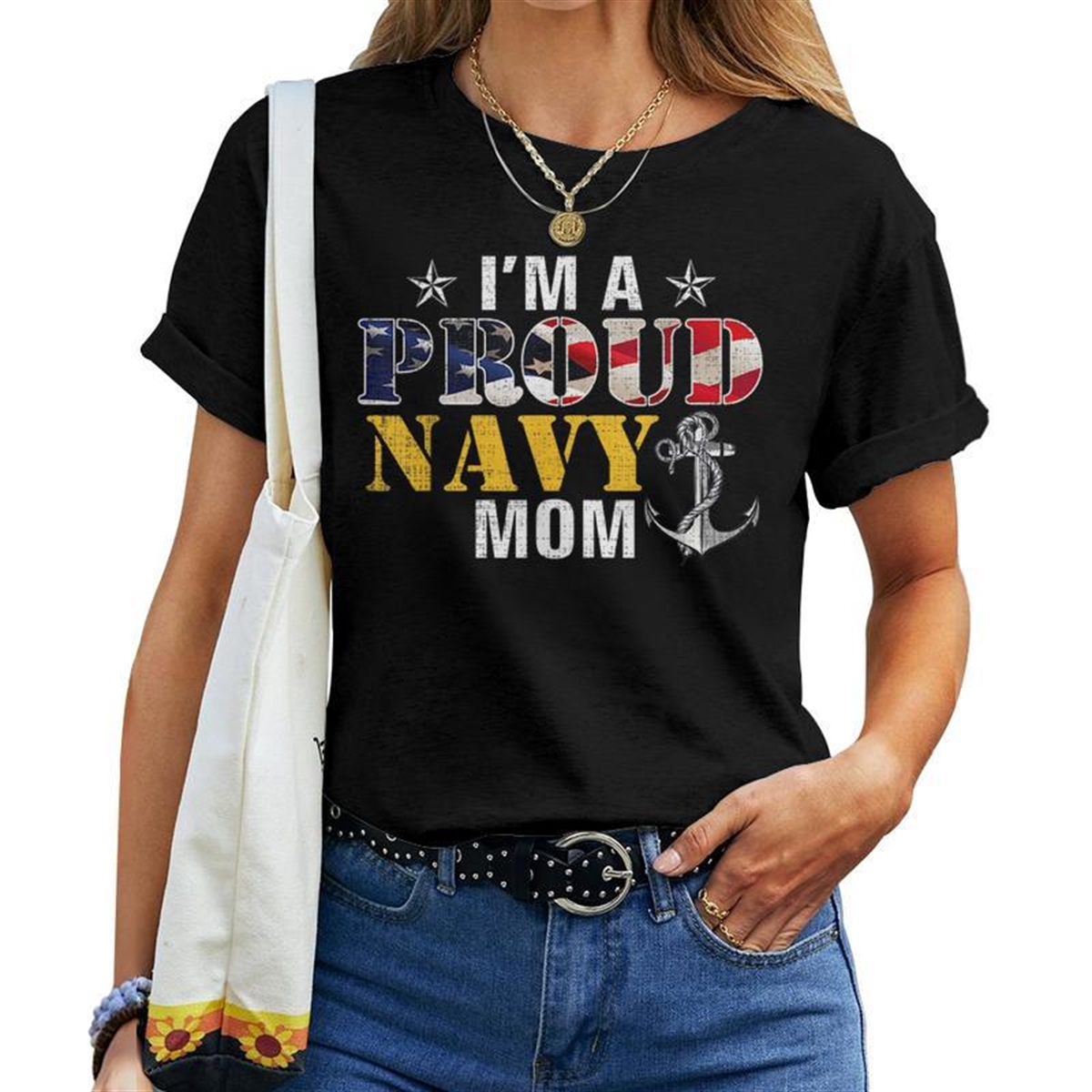 Vintage Im A Proud Navy With American Flag For Mom Women T-shirt