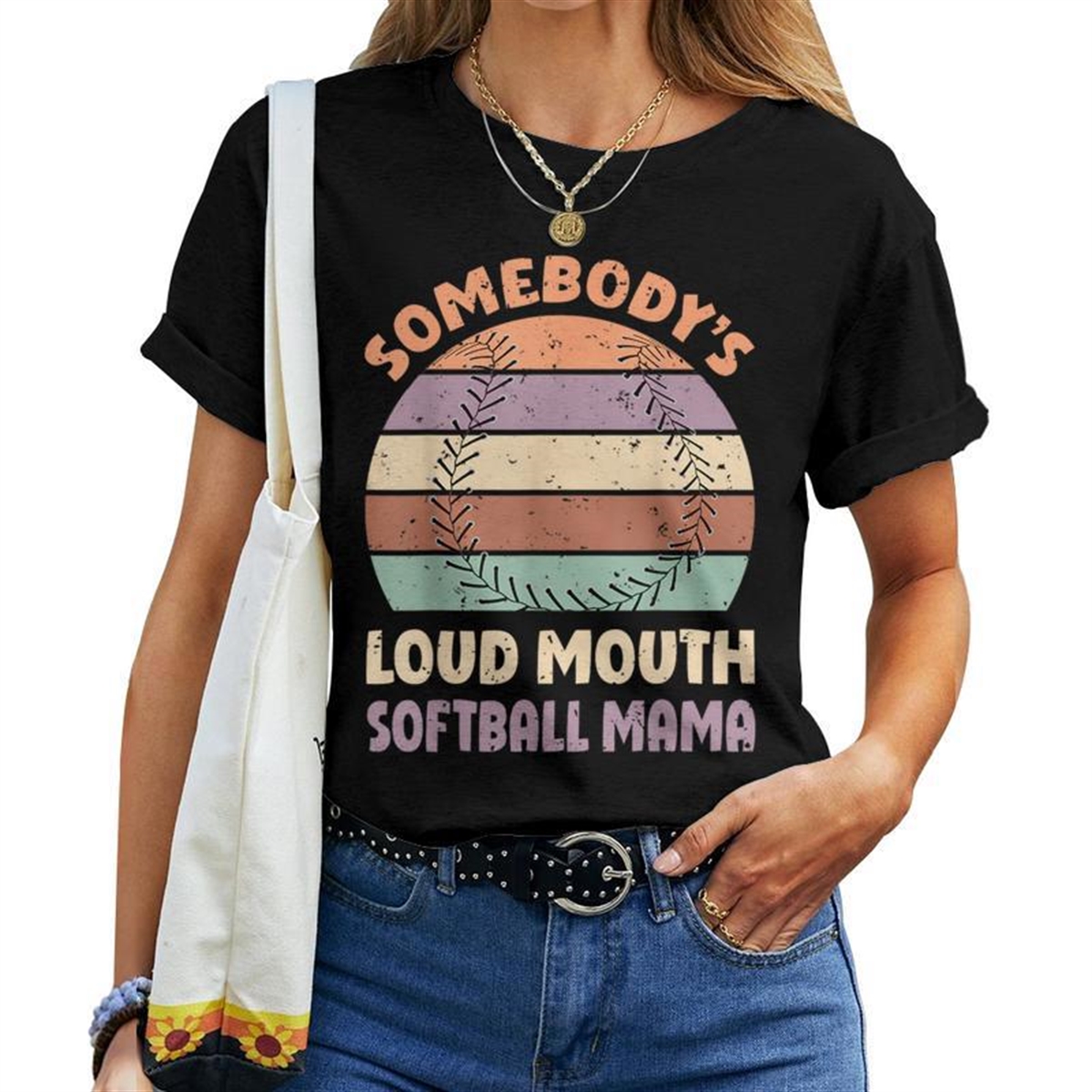 Vintage Somebodys Loud Mouth Softball Mama For Mama Women T-shirt Crewneck
