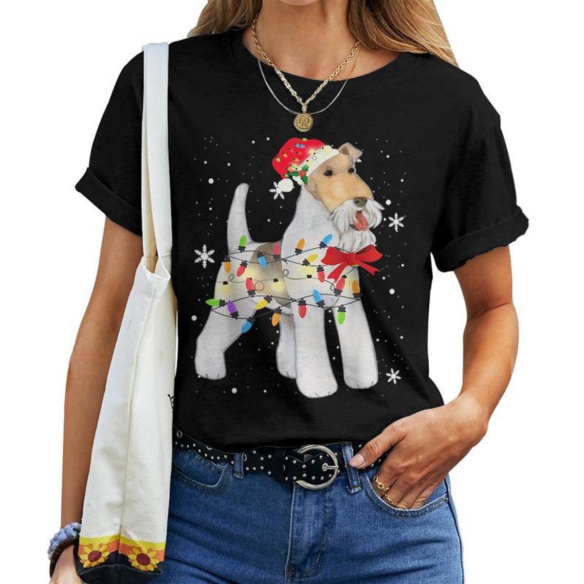 Wire Hair Fox Terrier Dog Christmas Light Xmas Mom Dad For Mom Women T-shirt