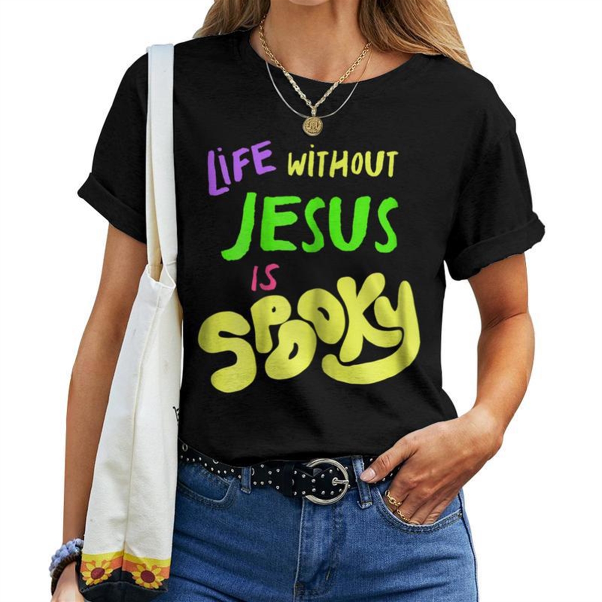 Without Jesus Is Spooky Fall Halloween Christian Mom Women T-shirt